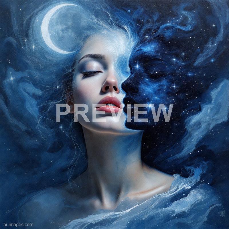 The image depicts a surreal, artistic portrait of a woman with her eyes closed and lips slightly parted. Her hair appears to blend seamlessly into a cosmic scene filled with stars, nebulae, and swirling blue and white clouds, creating a dreamlike atmosphere. The overall composition gives the impression of a connection between the woman's inner world and the universe, emphasizing a mystical and ethereal aesthetic.